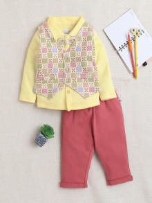 BUMZEE Red & Yellow Boys Full Sleeves Shirt Waistcoat & Pant Set With Applique Bow