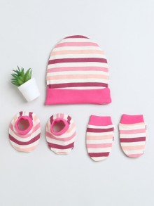 BUMZEE Beige & Pink Girls Cotton Cap Mitten Bootie Set