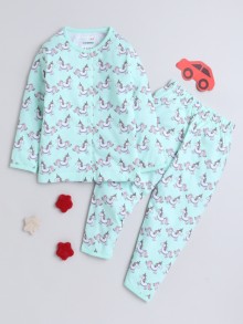 BUMZEE Mint Green Girls Full Sleeves Cotton Night Suit