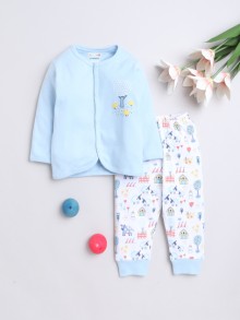 BUMZEE Sky Blue & White Baby Boys Full Sleeves Jabla & Pyjama Set