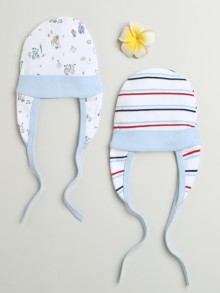 BUMZEE Sky Blue & White Baby Boys Ear Flap Tying Cap Pack Of 2