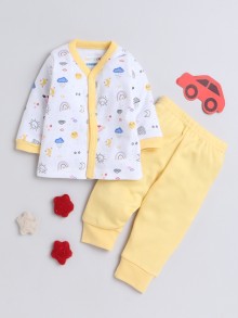 BUMZEE White & Yellow Baby Boys Full Sleeves Jabla & Pyjama Set