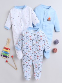 BUMZEE White & Light Blue Baby Boys Full Sleeves Sleepsuit Pack Of 3