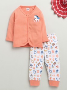 BUMZEE Peach & White Baby Boys Full Sleeves Jabla & Pyjama Set