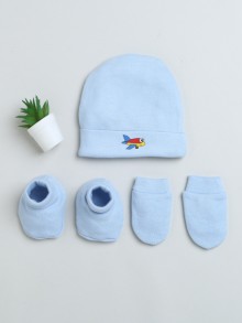 BUMZEE Sky Blue Boys Cotton Cap Mitten Bootie Set