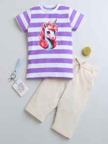 BUMZEE Beige & Purple Girls Cap Sleeves T-Shirt & Capri Set