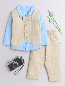 BUMZEE Beige & Sky Blue Boys Full Sleeves Shirt Waistcoat & Pant Set With Applique Bow