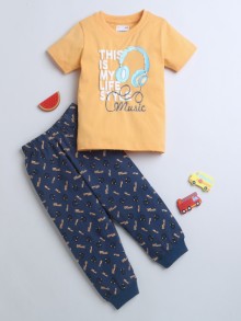 BUMZEE Orange & Navy Boys Half Sleeves T-Shirt & Pyjama Set