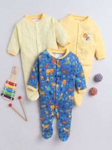 BUMZEE Blue & Yellow Baby Boys Full Sleeves Sleepsuit Pack Of 3