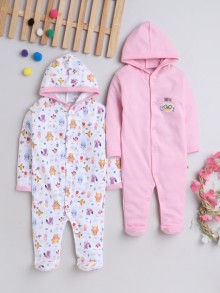 BUMZEE Pink & White Baby Girls Full Sleeves Sleepsuit With Hood Pack Of 2