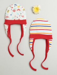 BUMZEE Red & Multi Baby Boys Ear Flap Tying Cap Pack Of 2