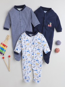 BUMZEE Navy & White Baby Boys Full Sleeves Sleepsuit Pack Of 3