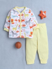 BUMZEE Yellow & White Baby Boys Full Sleeves Jabla & Pyjama Set