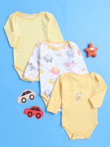 BUMZEE Yellow & White Baby Girls Full Sleeves Cotton Bodysuit - Onesies Pack Of 3