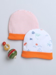 BUMZEE Orange & White Baby Boys Round Cap Pack Of 2